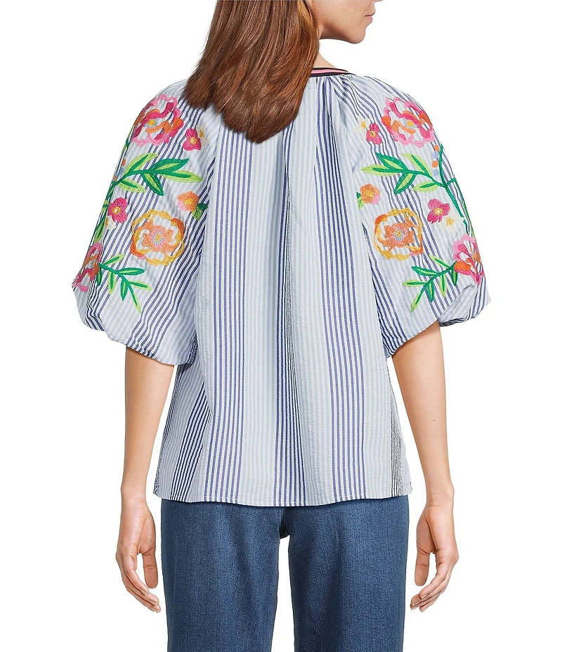 Calessa Petite Size Woven Stripe Embroidered Split V-Neck Elbow Length Balloon Sleeve Tunic