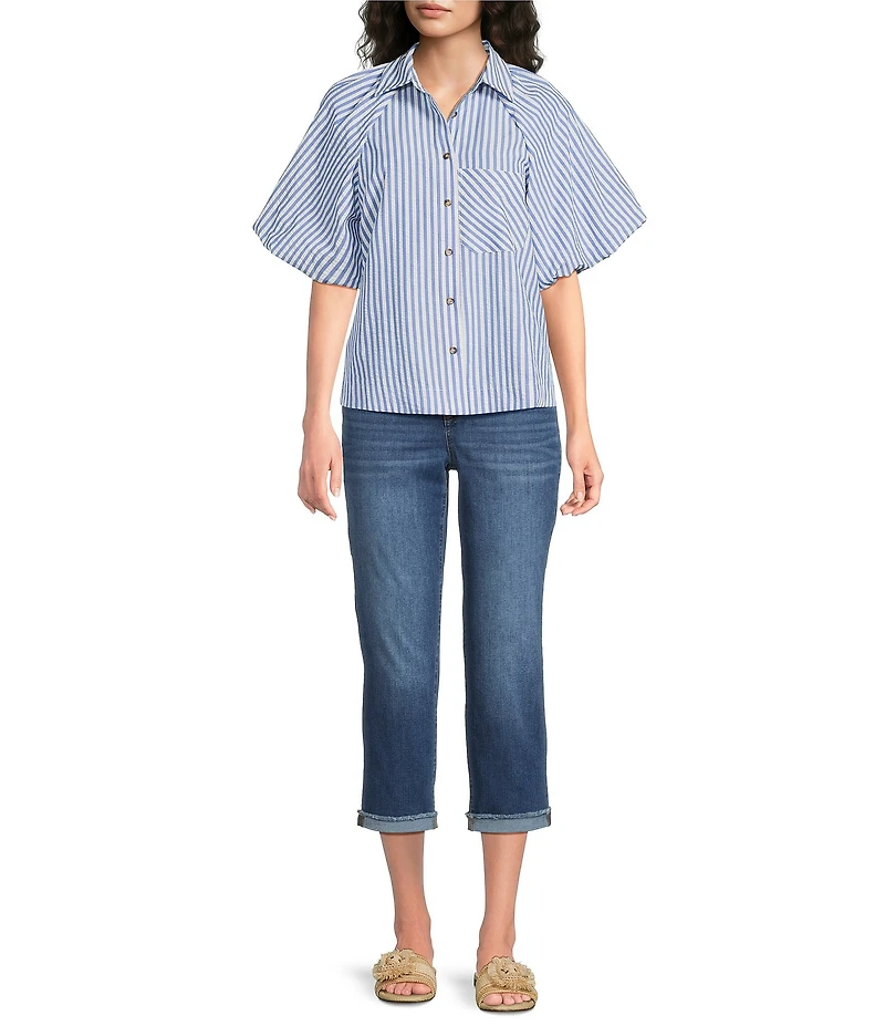 Calessa Petite Size Woven Stripe Point Collar Elbow Length Balloon Sleeve Button Front Shirt