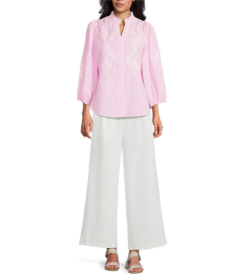 Calessa Petite Size Woven Stripe Split V-Neck 3/4 Balloon Sleeve Embroidered Button Front Tunic