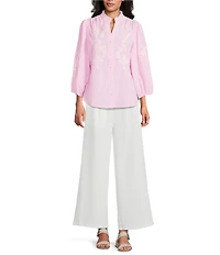 Calessa Petite Size Woven Stripe Split V-Neck 3/4 Balloon Sleeve Embroidered Button Front Tunic