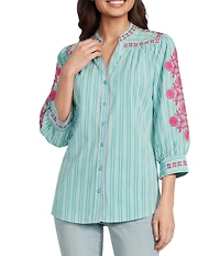 Calessa Petite Size Woven Striped Embroidered Split V-Neck 3/4 Sleeve Button Front Tunic