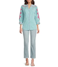 Calessa Petite Size Woven Striped Embroidered Split V-Neck 3/4 Sleeve Button Front Tunic