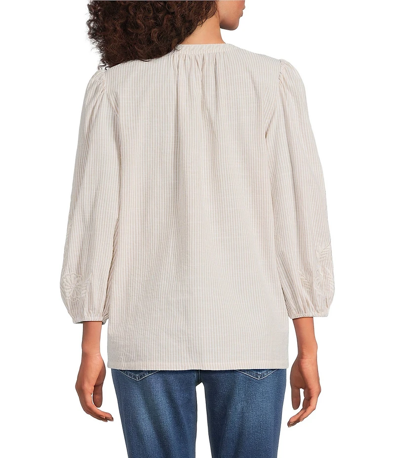 Calessa Petite Size Woven Striped Embroidered Split V-Neck 3/4 Sleeve Tunic