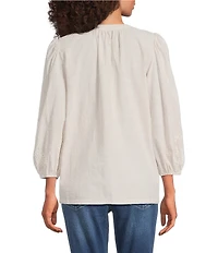 Calessa Petite Size Woven Striped Embroidered Split V-Neck 3/4 Sleeve Tunic