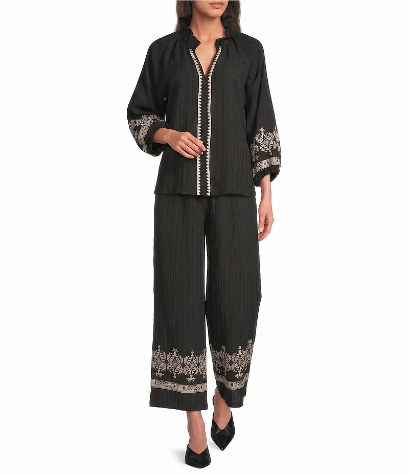 Calessa Petite Size Woven Wide Leg Embroidered Hem Pull-On Pants