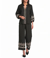 Calessa Petite Size Woven Wide Leg Embroidered Hem Pull-On Pants