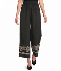 Calessa Petite Size Woven Wide Leg Embroidered Hem Pull-On Pants