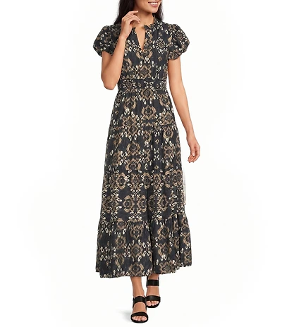 Calessa Petite Woven Split V-Neck Puff Sleeve A-Line Maxi Dress