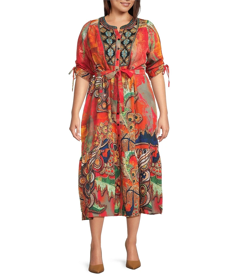 Calessa Plus Size Abstract Antique Embroidered V-Neck 3/4 Sleeve Button Front Midi Dress