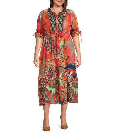 Calessa Plus Size Abstract Antique Embroidered V-Neck 3/4 Sleeve Button Front Midi Dress