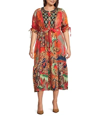 Calessa Plus Size Abstract Antique Embroidered V-Neck 3/4 Sleeve Button Front Midi Dress