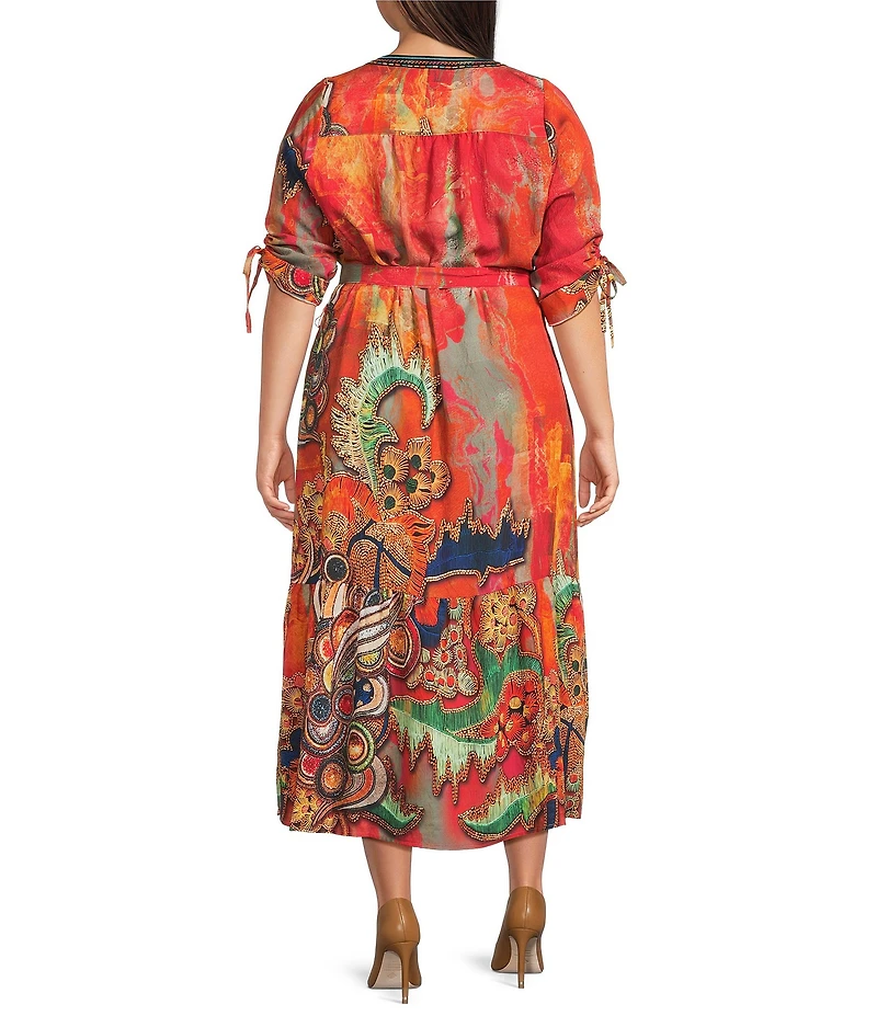 Calessa Plus Size Abstract Antique Embroidered V-Neck 3/4 Sleeve Button Front Midi Dress