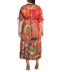 Calessa Plus Size Abstract Antique Embroidered V-Neck 3/4 Sleeve Button Front Midi Dress