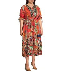 Calessa Plus Size Abstract Antique Embroidered V-Neck 3/4 Sleeve Button Front Midi Dress