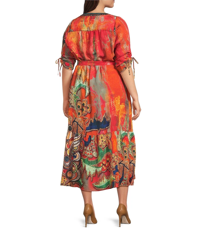 Calessa Plus Size Abstract Antique Embroidered V-Neck 3/4 Sleeve Button Front Midi Dress