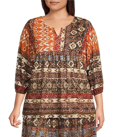 Calessa Plus Size Coordinating Abstract Border Print Split V-Neck Long Sleeve Popover Mesh Tunic