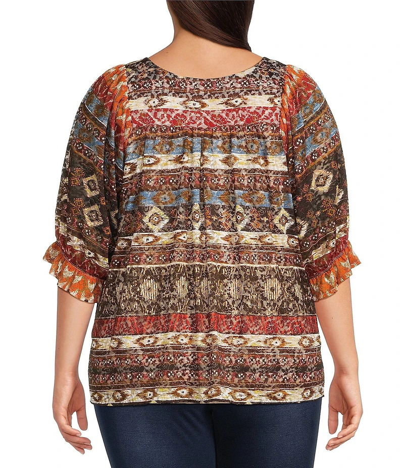 Calessa Plus Size Abstract Border Print Square Neck Elbow Sleeve Mesh Knit Tunic