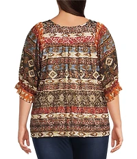 Calessa Plus Size Abstract Border Print Square Neck Elbow Sleeve Mesh Knit Tunic