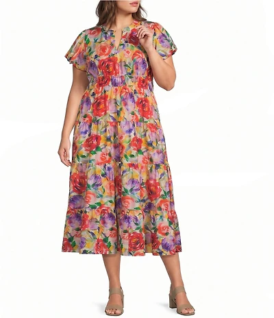 Calessa Plus Size Abstract Floral Border Print Split V-Neck Elbow Sleeve Belted Dress
