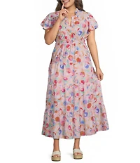 Calessa Plus Size Abstract Floral Split V-Neck Elbow Puff Sleeve Tiered A-Line Midi Dress