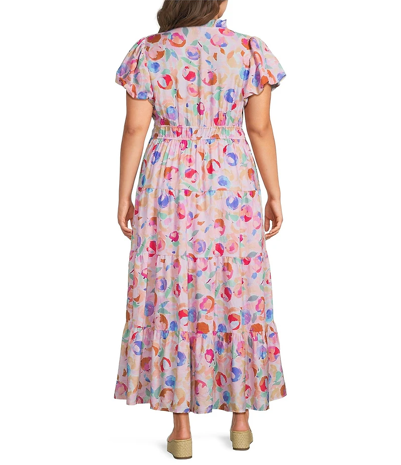 Calessa Plus Size Abstract Floral Split V-Neck Elbow Puff Sleeve Tiered A-Line Midi Dress