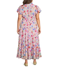 Calessa Plus Size Abstract Floral Split V-Neck Elbow Puff Sleeve Tiered A-Line Midi Dress