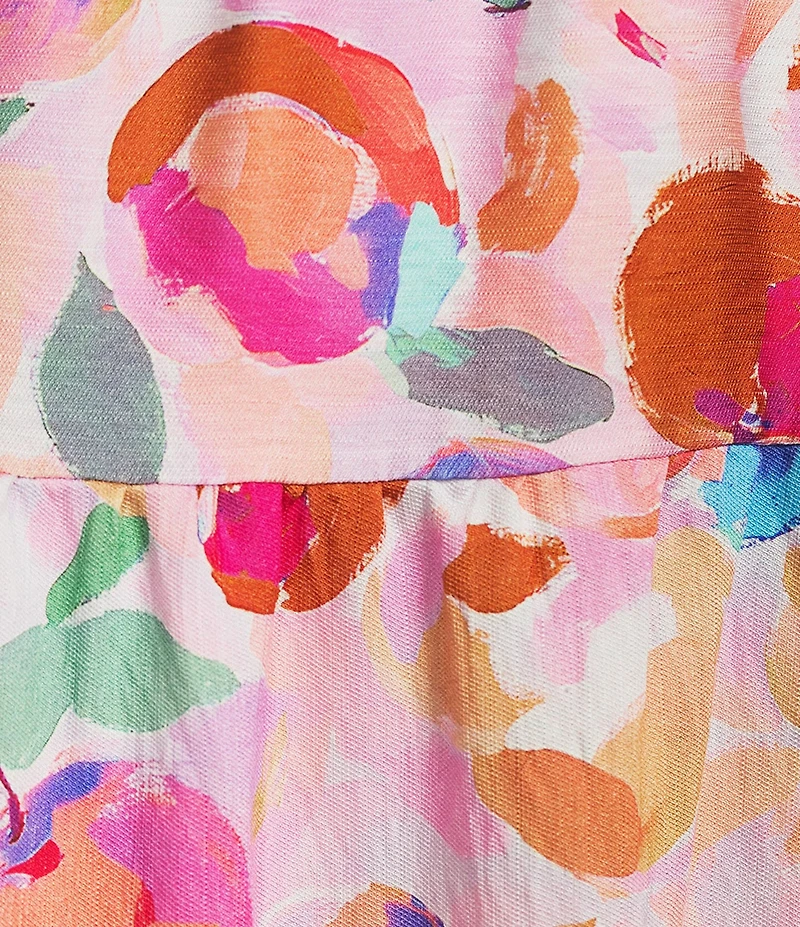 Calessa Plus Size Abstract Floral Split V-Neck Elbow Puff Sleeve Tiered A-Line Midi Dress