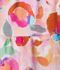 Calessa Plus Size Abstract Floral Split V-Neck Elbow Puff Sleeve Tiered A-Line Midi Dress