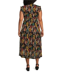 Calessa Plus Size Abstract Ikat Print Plunge V-Neck Cap Flutter Sleeve Smocked Tiered Dress