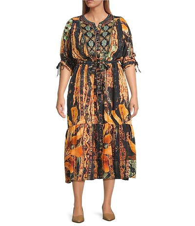 Calessa Plus Size Abstract Mosaic Embroidered Banded V- Neck 3/4 Sleeve Tiered A- Line Midi Dress