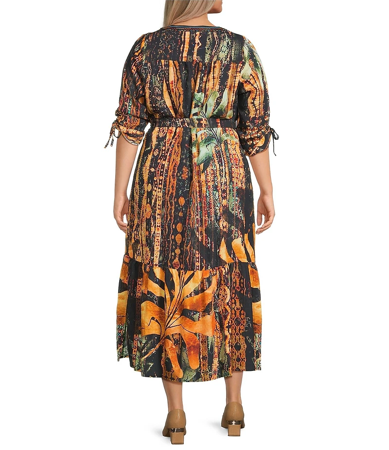 Calessa Plus Size Abstract Mosaic Embroidered Banded V- Neck 3/4 Sleeve Tiered A- Line Midi Dress