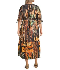 Calessa Plus Size Abstract Mosaic Embroidered Banded V- Neck 3/4 Sleeve Tiered A- Line Midi Dress