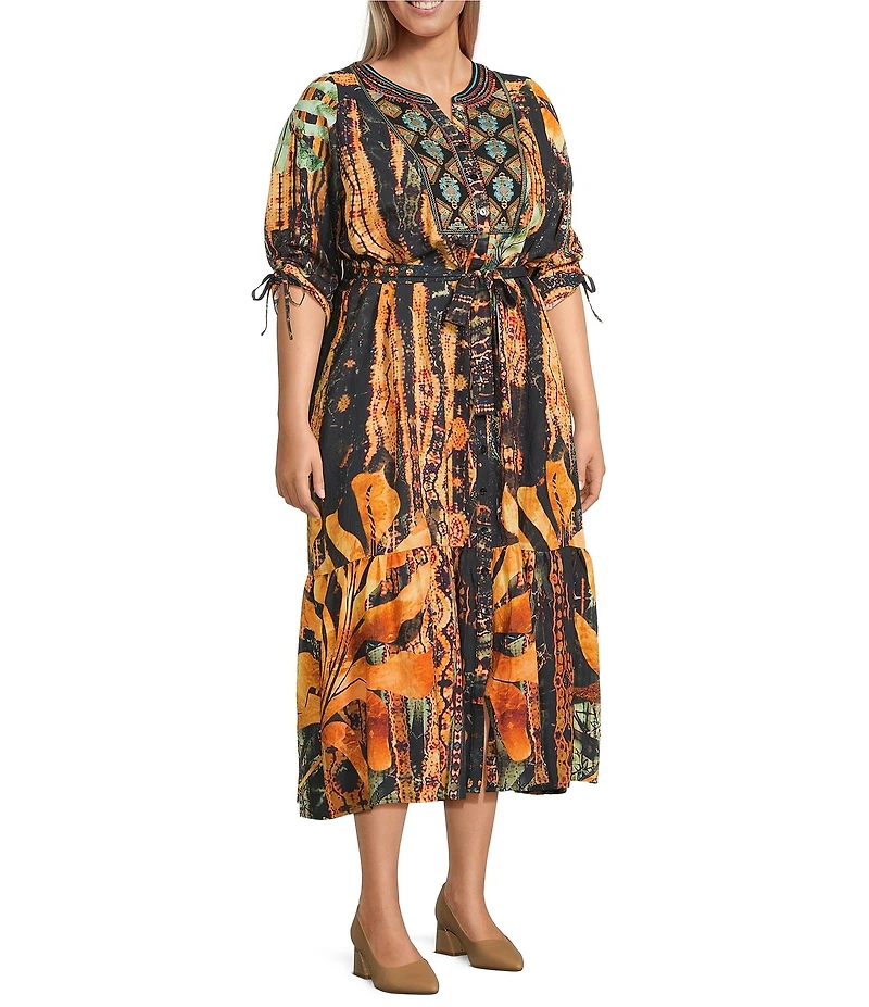 Calessa Plus Size Abstract Mosaic Embroidered Banded V- Neck 3/4 Sleeve Tiered A- Line Midi Dress