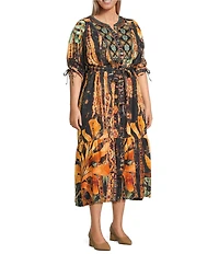 Calessa Plus Size Abstract Mosaic Embroidered Banded V- Neck 3/4 Sleeve Tiered A- Line Midi Dress