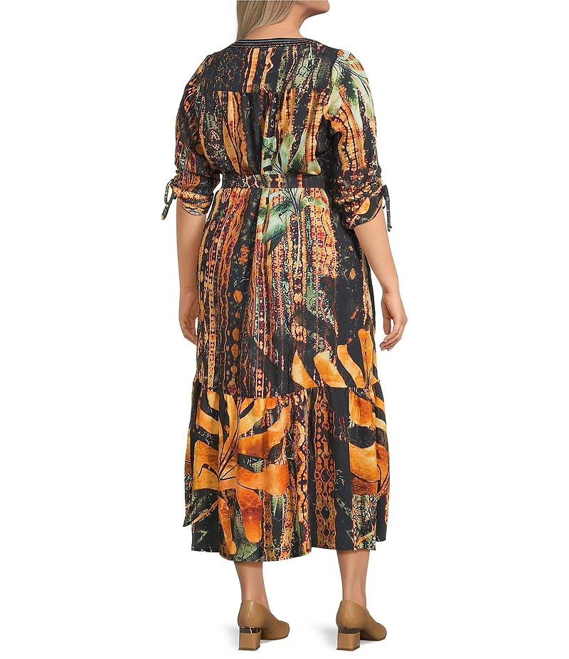 Calessa Plus Size Abstract Mosaic Embroidered Banded V- Neck 3/4 Sleeve Tiered A- Line Midi Dress