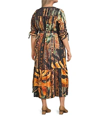 Calessa Plus Size Abstract Mosaic Embroidered Banded V- Neck 3/4 Sleeve Tiered A- Line Midi Dress