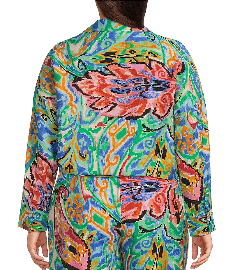 Calessa Plus Size Coordinating Abstract Mosaic Print Point Collar Long Sleeve Tie-Front Blouse