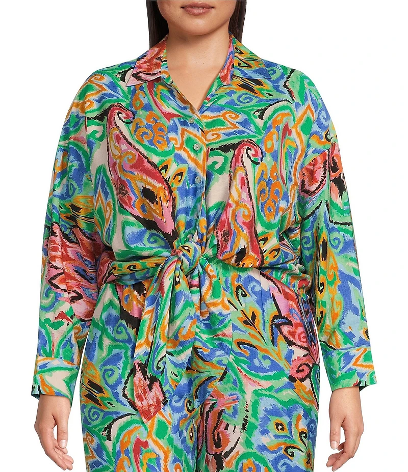 Calessa Plus Size Coordinating Abstract Mosaic Print Point Collar Long Sleeve Tie-Front Blouse
