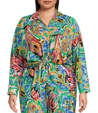 Calessa Plus Size Coordinating Abstract Mosaic Print Point Collar Long Sleeve Tie-Front Blouse