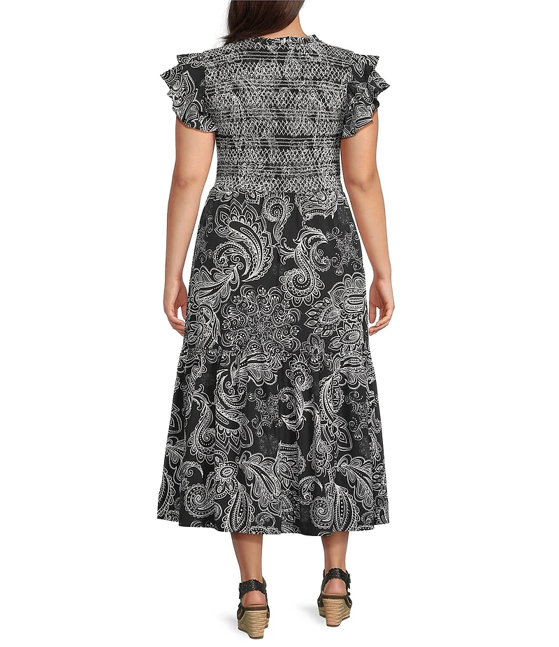 Calessa Plus Size Abstract Paisley Scoop Neck Ruffle Cap Sleeve Midi Dress