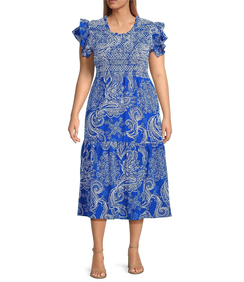 Calessa Plus Size Abstract Paisley Scoop Neck Short Sleeve Tiered Smocked Ruffle Midi Dress
