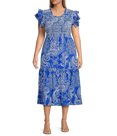 Calessa Plus Size Abstract Paisley Scoop Neck Short Sleeve Tiered Smocked Ruffle Midi Dress