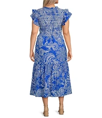 Calessa Plus Size Abstract Paisley Scoop Neck Short Sleeve Tiered Smocked Ruffle Midi Dress