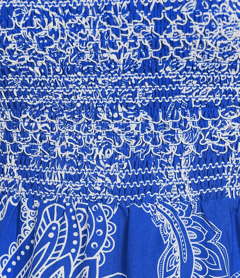 Calessa Plus Size Abstract Paisley Scoop Neck Short Sleeve Tiered Smocked Ruffle Midi Dress