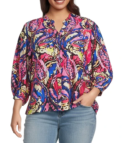 Calessa Plus Size Abstract Patchwork Round Split V-Neck 3/4 Sleeve Button-Front Tunic