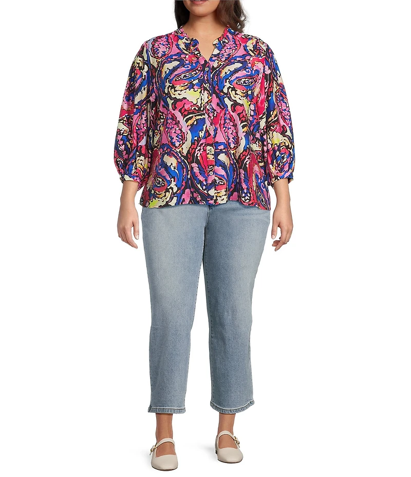 Calessa Plus Size Abstract Patchwork Round Split V-Neck 3/4 Sleeve Button-Front Tunic
