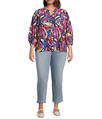 Calessa Plus Size Abstract Patchwork Round Split V-Neck 3/4 Sleeve Button-Front Tunic