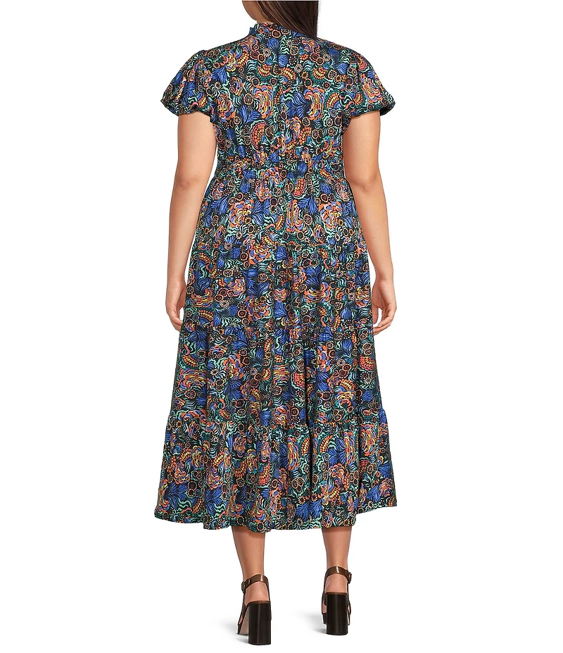 Calessa Plus Size All Over Embroidery Split V-Neck Cap Sleeve A-Line Midi Dress