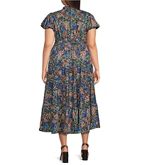 Calessa Plus Size All Over Embroidery Split V-Neck Cap Sleeve A-Line Midi Dress