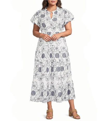 Calessa Plus Size Allover Embroidery V-Neck Short Sleeve A-Line Dress